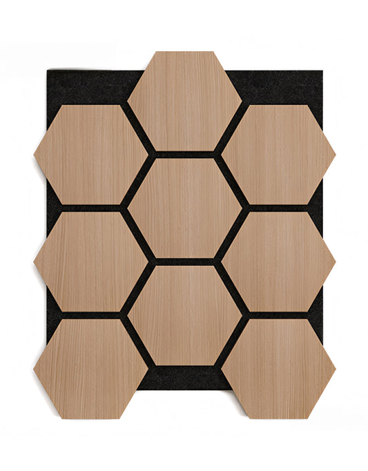 Painel Acústico Hexágono 76x57,4x2,1cm Carvalho Branco | PET Preto