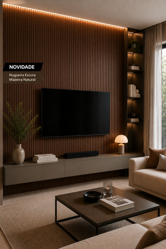 NOVIDADE Painel Acústico Ripado 260x60cm Nogueira Escura Natural | 1 Face | PET Preto